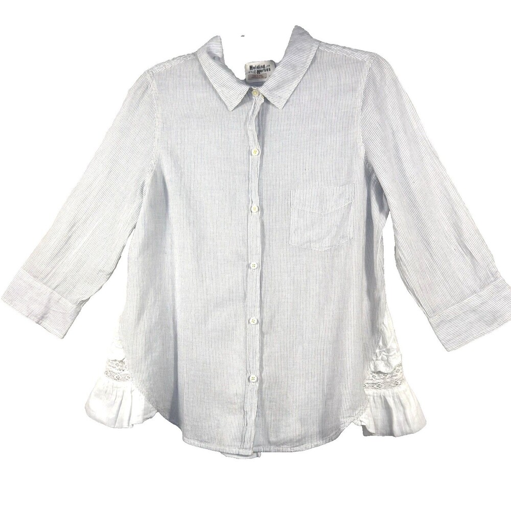 Anthropologie Holding Horses Striped Button Down Shirt Embroidered Ruffle 10⁠